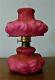 Beautiful Antique Miniature Red Satin Glass Cased Oil Kerosene Lamp Complete