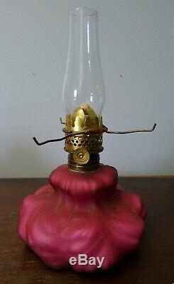 Beautiful Antique Miniature Red Satin Glass Cased Oil Kerosene Lamp Complete