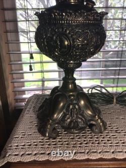 Beautiful Heavy Fancy 24 Antique Brass Oil Converted GWTW Table Lamp