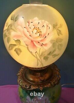 Beautiful Painted Roses Victorian Antique GWTW Table Parlor Oil Lamp Electrified