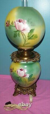 Beautiful Painted Roses Victorian Antique GWTW Table Parlor Oil Lamp Electrified