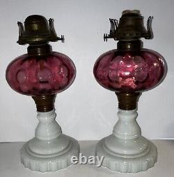 Beautiful Pair Antique Cranberry Glass Oil Lamp Banquet Lamps Coin Dot