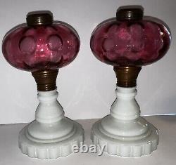 Beautiful Pair Antique Cranberry Glass Oil Lamp Banquet Lamps Coin Dot