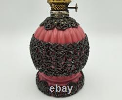 Beautiful Rose Satin Pink Case Glass Miniature Oil Lamp with Filigree, Chimney