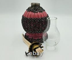 Beautiful Rose Satin Pink Case Glass Miniature Oil Lamp with Filigree, Chimney