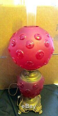Beautiful Tall Antique Red Satin Glass Bullseye Pattern Gone With The Wind Lamp