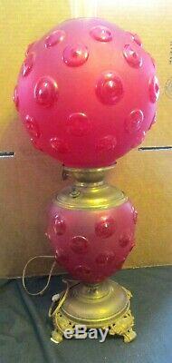 Beautiful Tall Antique Red Satin Glass Bullseye Pattern Gone With The Wind Lamp