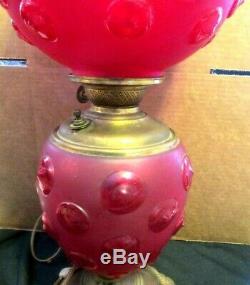 Beautiful Tall Antique Red Satin Glass Bullseye Pattern Gone With The Wind Lamp