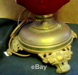 Beautiful Tall Antique Red Satin Glass Bullseye Pattern Gone With The Wind Lamp