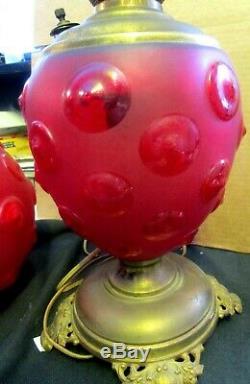 Beautiful Tall Antique Red Satin Glass Bullseye Pattern Gone With The Wind Lamp