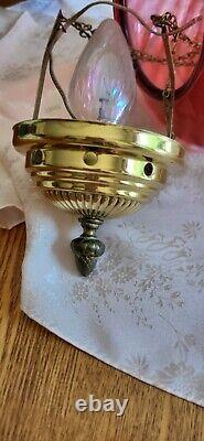 Beautiful antique brass hanging electrified oil lamp cranberry swirled shade