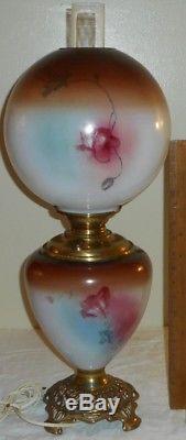 Big Ca. 1890s Brown Purple Poppies Pittsburgh GWTW Oil Lamp & Matching Ball Shade
