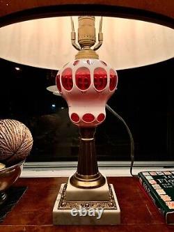 Boston & Sandwich Cranberry Double Overlay Cased Glass Converted Oil Lamp c. 1860