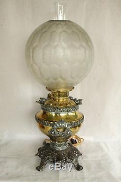 Bradley & Hubbard Electrified B&h Oil Lamp Brass & Cast Iron Etched Glass Shade
