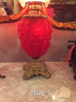 Bradley Hubbard Electrified Oil Lamp Victorian Antique Red Satin Banquet