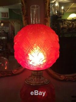 Bradley Hubbard Electrified Oil Lamp Victorian Antique Red Satin Banquet