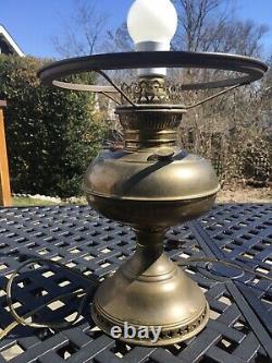 Bradley & Hubbard Vintage RAYO BRASS OIL LAMP Green Glass Shade 1894-1898