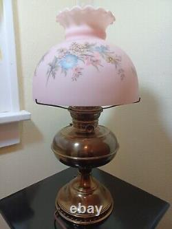 Brass B&H Parlor Converted Oil Lamp 10'' Pink Floral Shade holder Mt Washington