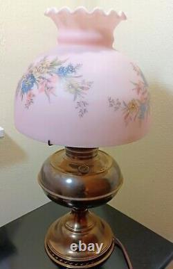 Brass B&H Parlor Converted Oil Lamp 10'' Pink Floral Shade holder Mt Washington