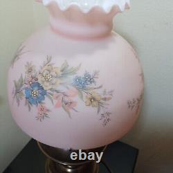 Brass B&H Parlor Converted Oil Lamp 10'' Pink Floral Shade holder Mt Washington