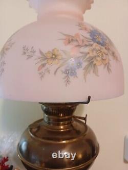 Brass B&H Parlor Converted Oil Lamp 10'' Pink Floral Shade holder Mt Washington