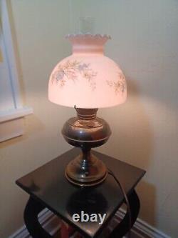 Brass B&H Parlor Converted Oil Lamp 10'' Pink Floral Shade holder Mt Washington