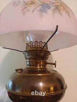 Brass B&H Parlor Converted Oil Lamp 10'' Pink Floral Shade holder Mt Washington