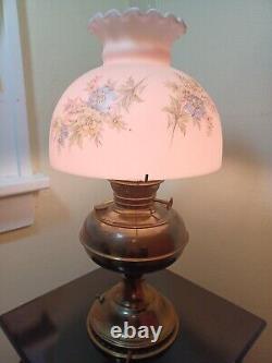 Brass B&H Parlor Converted Oil Lamp 10'' Pink Floral Shade holder Mt Washington