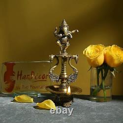 Brass Dancing Ganesha Oil Diya lamp with Base Antique Yellow Standard