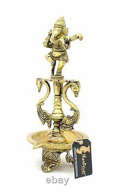 Brass Dancing Ganesha Oil Diya lamp with Base Antique Yellow Standard