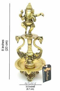 Brass Dancing Ganesha Oil Diya lamp with Base Antique Yellow Standard
