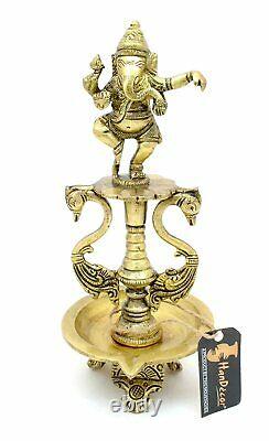 Brass Dancing Ganesha Oil Diya lamp with Base Antique Yellow Standard