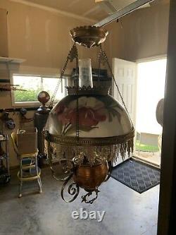 Brass Library Victorian Chandelier Hanging Oil Lamp. Very Nice Antique 31