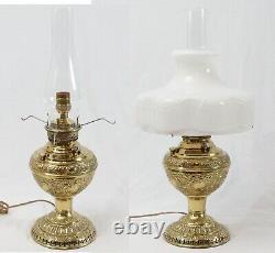 Brass New Juno No. 2 Converted Antique Oil Lamp White Cased Glass Draped Shade