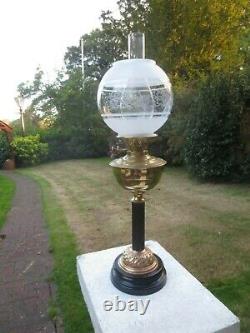 Brass Oil Lamp With Etched Shade & Chimney