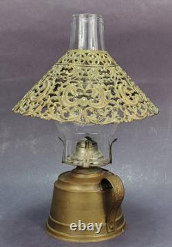 Brass kerosene oil Lamp antique PIERCED shade miniature 11-1/2 embossed design