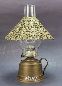 Brass kerosene oil Lamp antique PIERCED shade miniature 11-1/2 embossed design