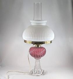 Buckeye Glass Cranberry Opalescent Shell & Swirl Oil Lamp with Shade, Electrified