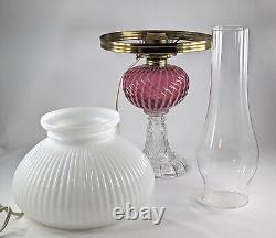 Buckeye Glass Cranberry Opalescent Shell & Swirl Oil Lamp with Shade, Electrified