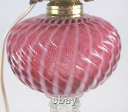 Buckeye Glass Cranberry Opalescent Shell & Swirl Oil Lamp with Shade, Electrified