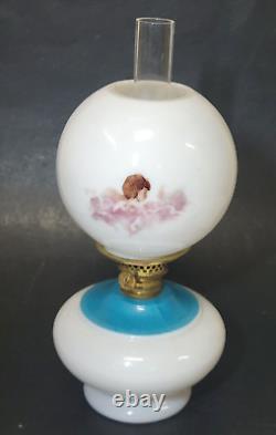 C1890s Miniature Praying Girl & Angels Oil Lamp GWTW Antique Glass Ball Shade
