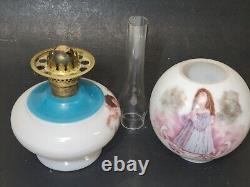 C1890s Miniature Praying Girl & Angels Oil Lamp GWTW Antique Glass Ball Shade