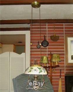 C1900 Antique RETRACTABLE HANGING BRASS OIL LAMP with14 PAINTED MILK GLASS SHADE