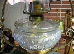C1900 Antique RETRACTABLE HANGING BRASS OIL LAMP with14 PAINTED MILK GLASS SHADE