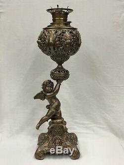 C. 1880-1900s Tall Figural Cherub GWTW Center Draft Parlor Banquet Oil Lamp NR