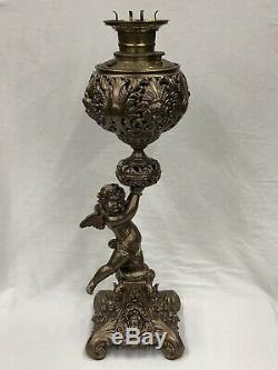 C. 1880-1900s Tall Figural Cherub GWTW Center Draft Parlor Banquet Oil Lamp NR