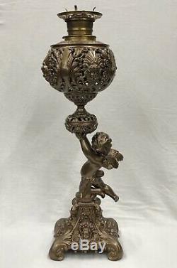 C. 1880-1900s Tall Figural Cherub GWTW Center Draft Parlor Banquet Oil Lamp NR