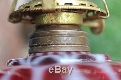 C. 1880's Antique EASON CRANBERRY OPALESCENT COBWEB kerosene oil finger lamp