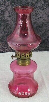 C 1880s Antique Victorian Cranberry Glass Miniature Kerosene Oil Lamp