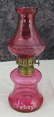 C 1880s Antique Victorian Cranberry Glass Miniature Kerosene Oil Lamp